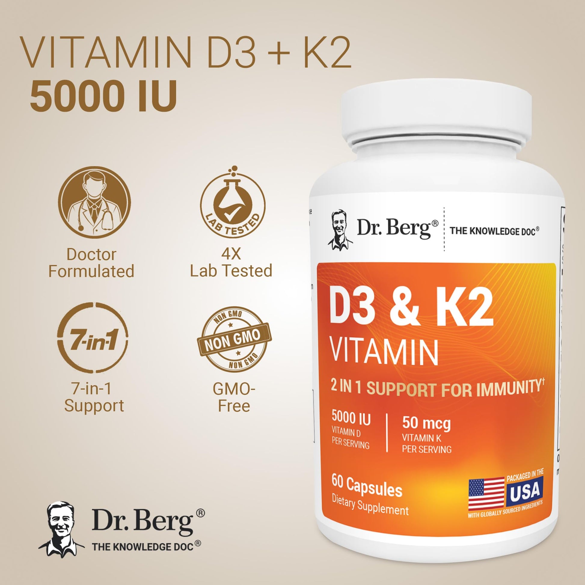 Dr. Berg Vitamin D3 & K2 5,000 IU + MK-7 – 60 Capsules – Immune, Bone & Heart Support* Supplement w/Magnesium, Zinc, B6 – 4X Lab-Tested – No Fillers – Non-GMO, cGMP, Formulated in USA Dr. Berg NutritionalsAu supplements