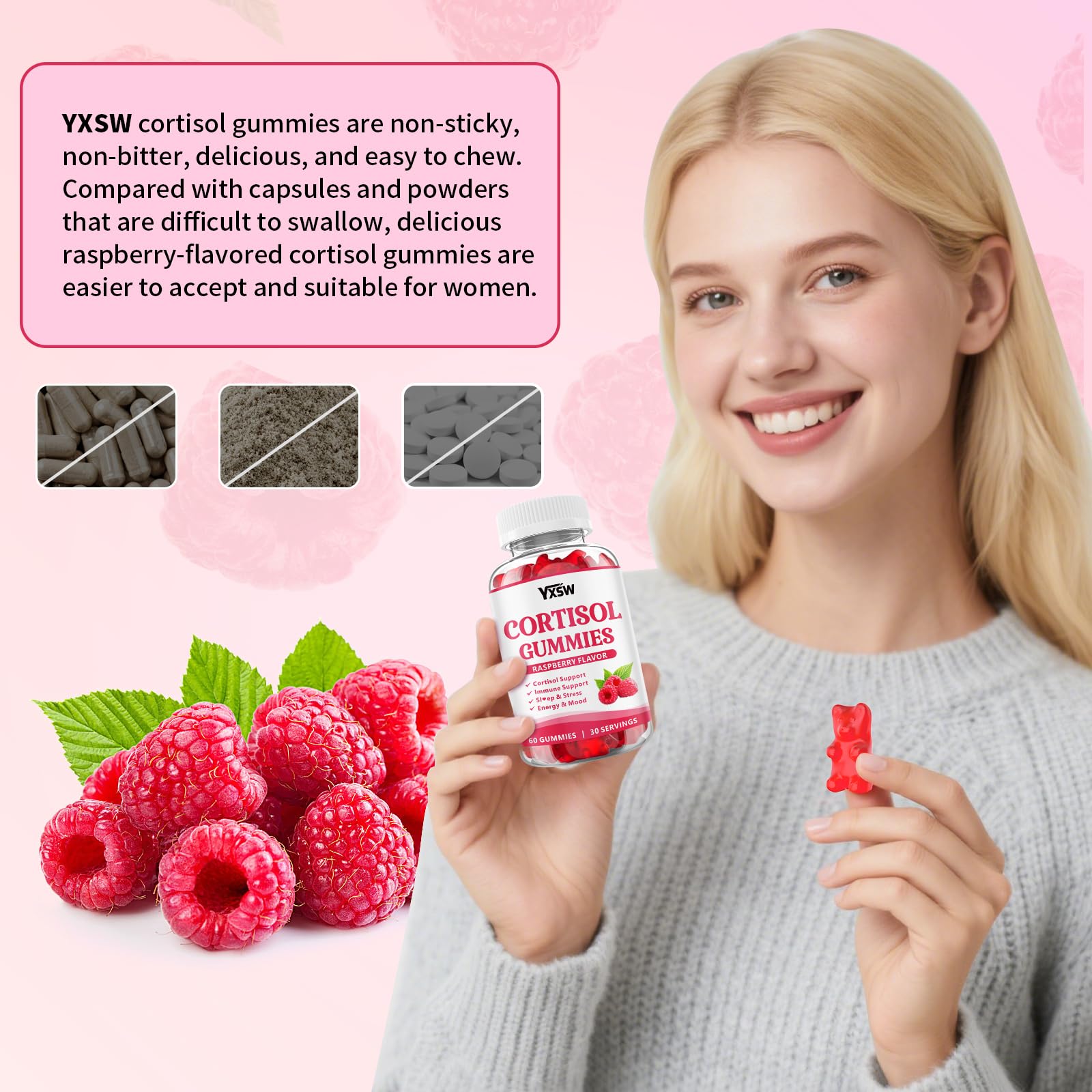 YXSW Cortisol Supplements Gummies for Women Sugar-Free Cortisol Gummies with Magnesium Glycinate Ashwagandha Rhodiola Rose for Relaxation, Focus, Zzz Support, Raspberry Flavor, 60 Count YXSWAu supplements