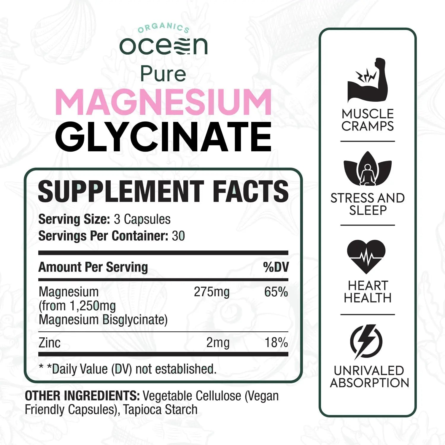 Organics Ocean Pure Magnesium Glycinate with Zinc - Maximum Strength Chelated Magnesium Supplement for Women and Men for Muscle Cramps and Sleep Support - 90 Capsule Organics Oceannz supplements