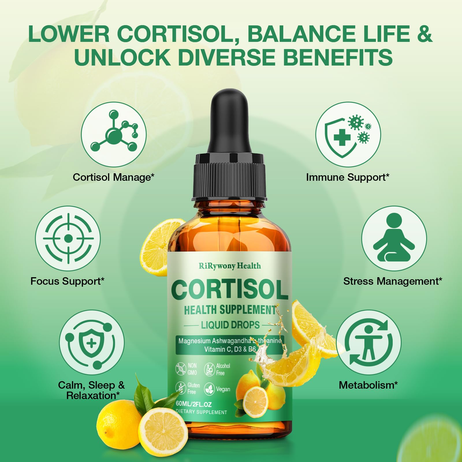 Cortisol Supplement for Women & Men - Cortisol Detox Reducer Magnesium Glycinate, Ashwagandha, L-Theanine, Phosphatidylserine - Hormone Balance for Calm Mood Focus Sleep (2 FL.OZ Lemon) RiRywony HealthAu supplements
