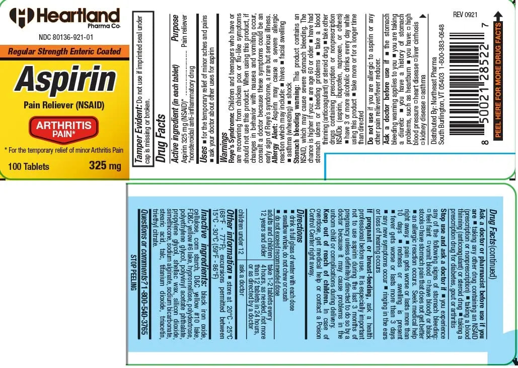 Heartland Pharma Aspirin 325mg Enteric Coated Tablets | Original Strength NSAID Pain Reliever & Fever Reducer | Joint Pain Relief for Arthritis | Child-Resistant Safety Cap | Made in USA | 100 Count Heartland PharmaAu supplements