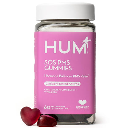 HUM Nutrition SOS PMS Gummies, PMS Support Supplement for Women, Support Cycle Symptoms, Bloating, Hormonal Balance, Includes Vitamin B6, Cranberry & Chasteberry Vitex, Gluten Free, 60 Vegan Gummies HUMUS supplements