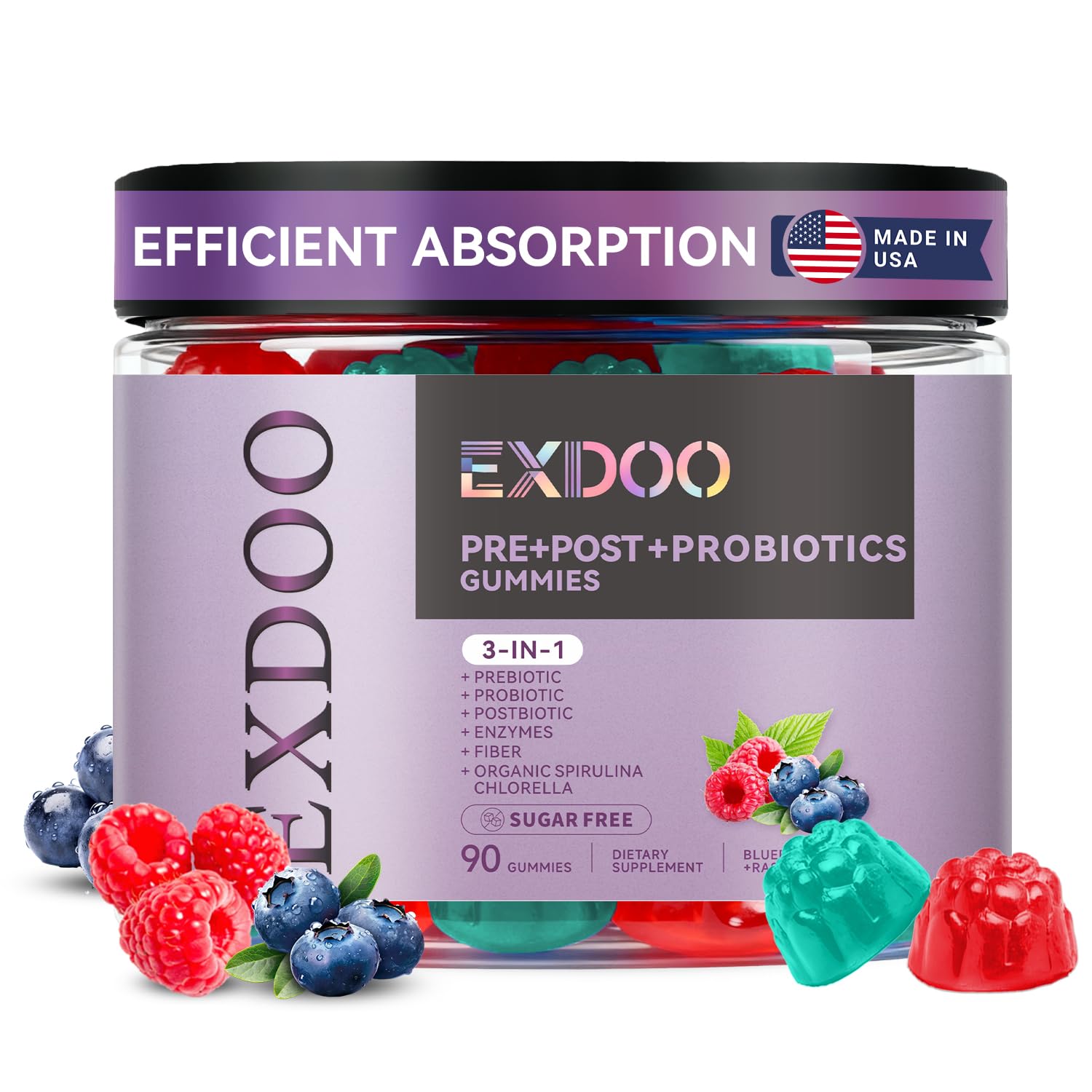 exdoo 3-in-1 Probiotic Gummies Prebiotic+Probiotic+Postbiotic with Organic Spirulina Chlorella Immune Gut & Digestive Support 90 Count exdooAu supplements