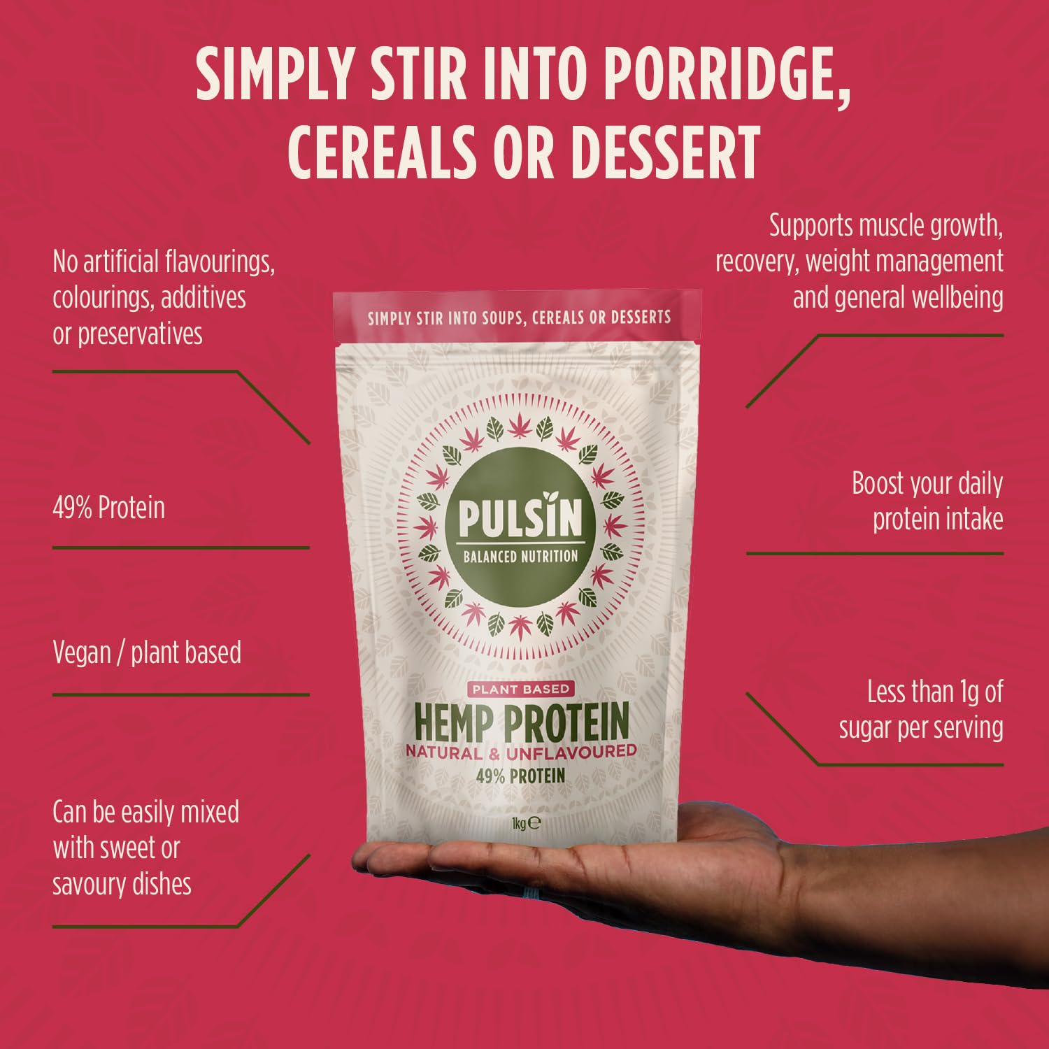 Pulsin - Natural Unflavoured Vegan Hemp Protein Powder - 1kg - 4.9g Protein, 0.4g Carbs, 35 Kcal Per Serving PulsinAu supplements
