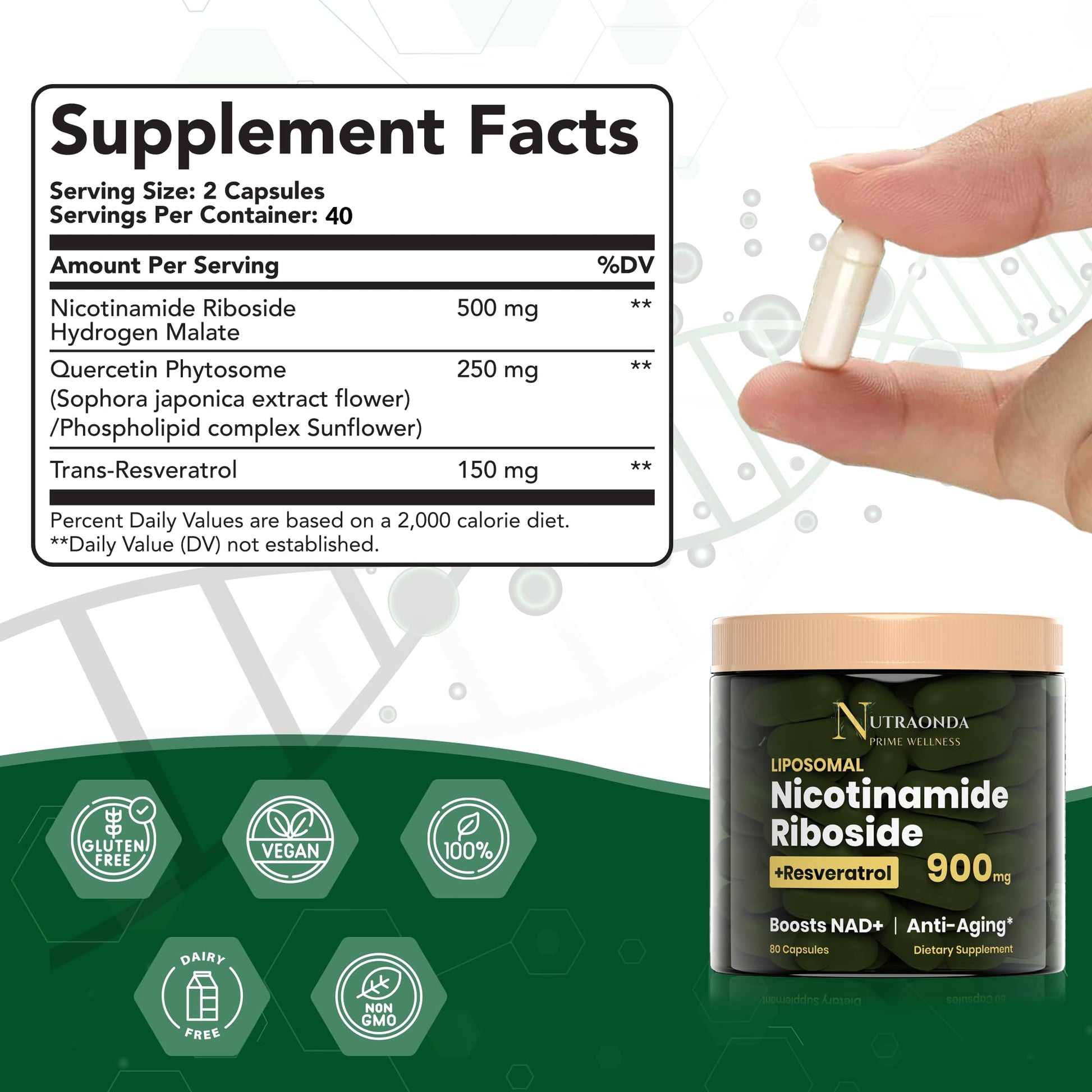 NUTRAONDA Liposomal Nicotinamide Riboside 900mg Resveratrol & Quercetin – NAD Supplement Plus for Anti Aging, Cellular Energy & Improve Health- 80 Capsules NUTRAONDAAu supplements