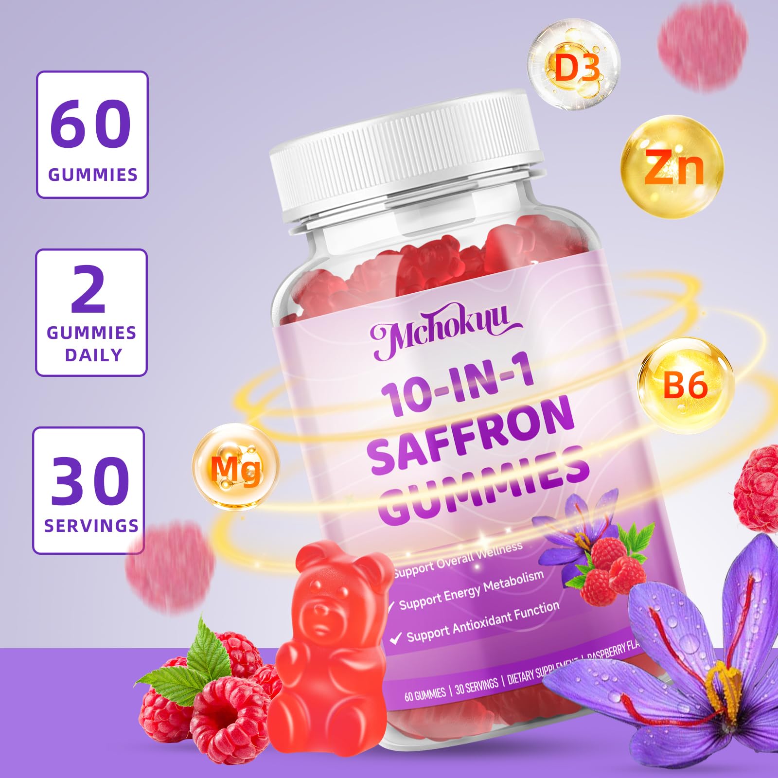 Saffron Supplement Gummies for Kids & Adults Supports Antioxidant Function with Ashwagandha, L-Theanine, Rhodiola Rosea, Lemon Balm, Vitamin D3, B6, Magnesium & Zinc – Raspberry Flavor, 60 Count MchokuuAu supplements