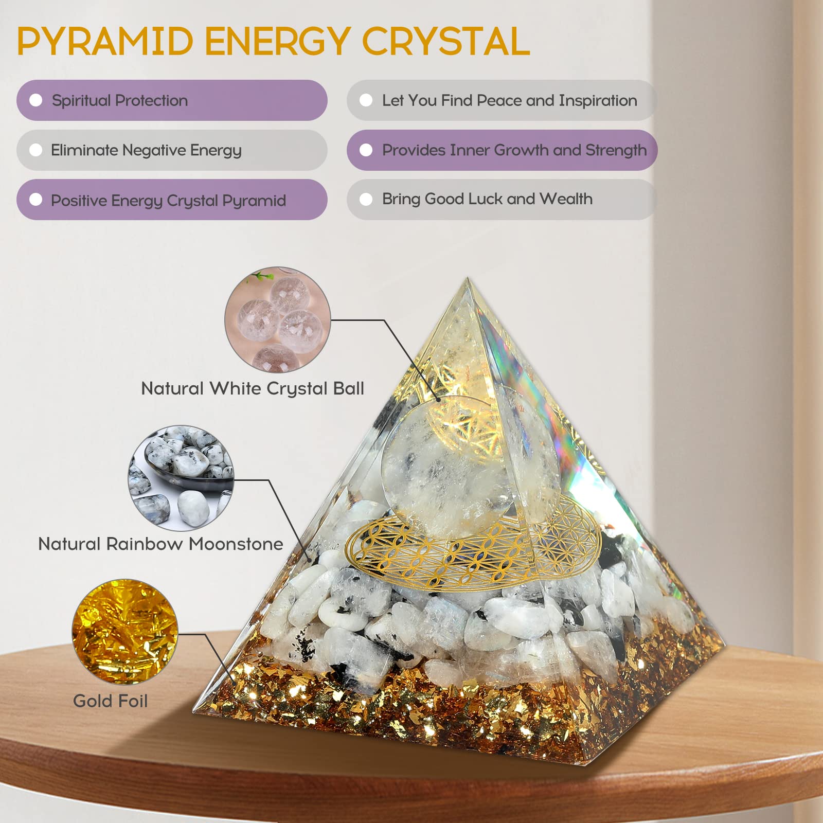 Hopeseed Orgone Pyramid for Positive Energy, Orgonite Rainbow Moonstone&White Crystal HopeseedAu supplements