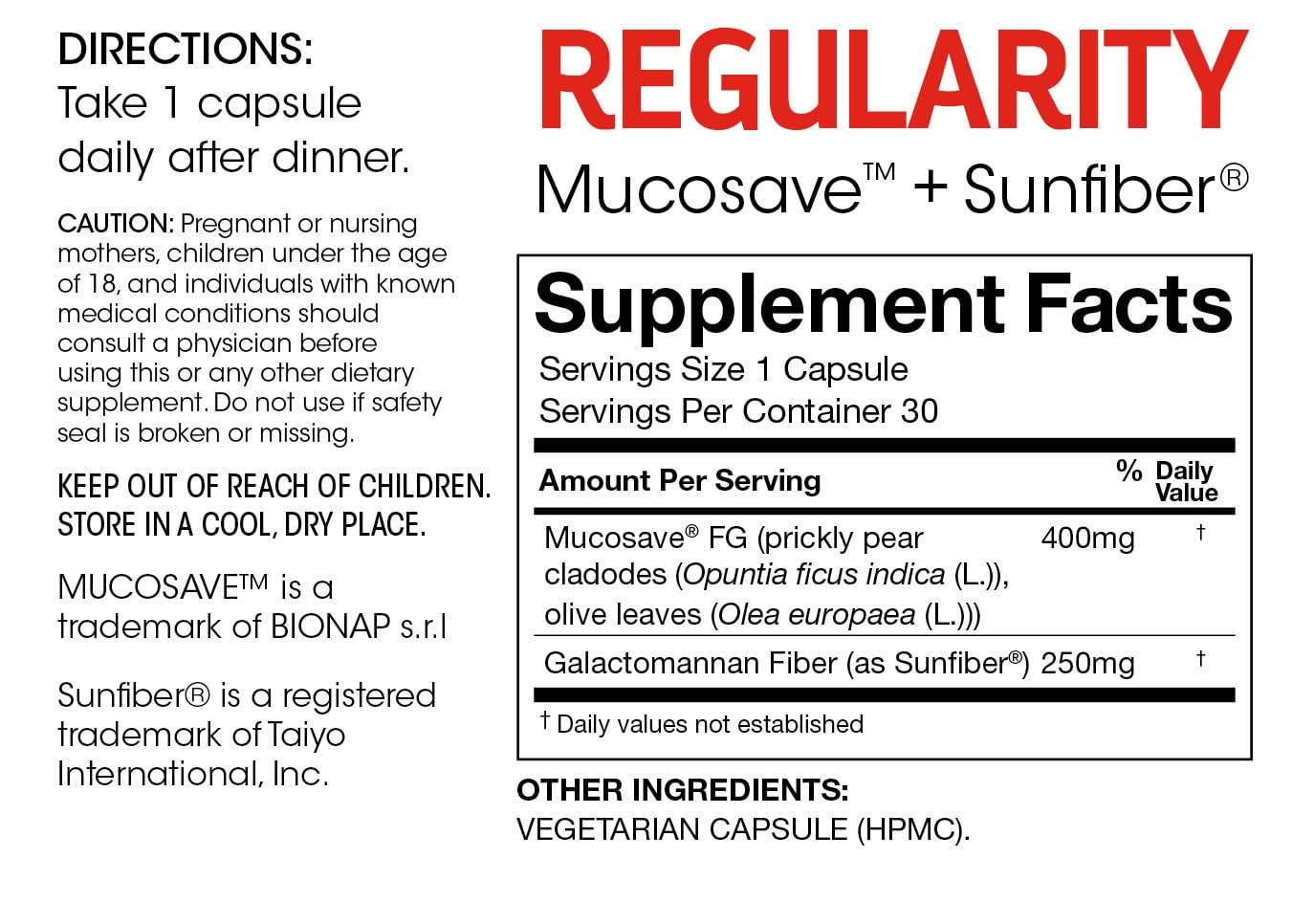 Silver Fern Regularity Digestive Supplement Capsules Brand - 1 Bottle = 30 Capsules = 30 Day Supply - Mucosave FG (Prickly Pear Polysaccharides & Olive Leaf Polyphenols) & SunFiber Silver FernAu supplements
