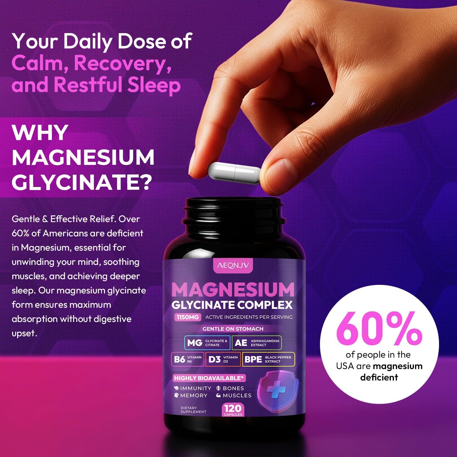 Magnesium Glycinate Complex 1150mg - Gentle on Stomach High Absorption Magnesium Capsules with Citrate, Silica, Ashwagandha & Vitamin B6 for Zzz, Stress Relief, Muscle Support for Adults, Women & Men AEQNJVAu supplements
