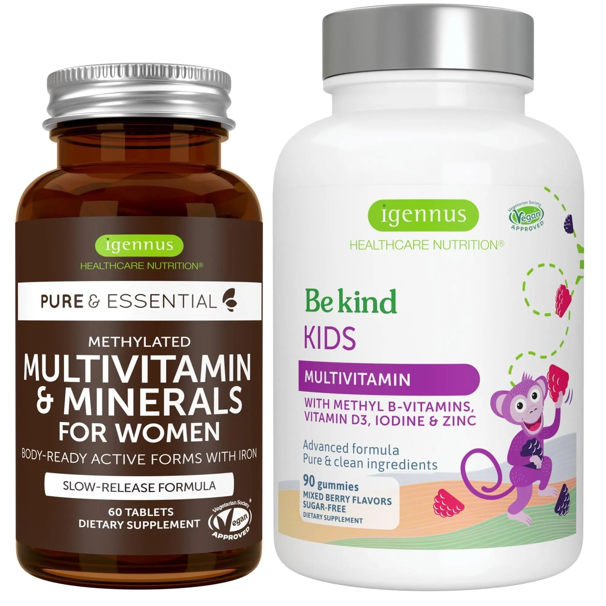 Multivitamin & Minerals for Women + Advanced Kids Multivitamin Gummy Vegan Bundle, with Methylated B-Vitamins, Vitamin A, C, D3 & E Igennus Healthcare NutritionAu supplements