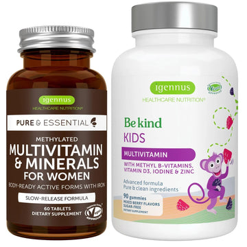 Multivitamin & Minerals for Women + Advanced Kids Multivitamin Gummy Vegan Bundle, with Methylated B-Vitamins, Vitamin A, C, D3 & E Igennus Healthcare NutritionAu supplements