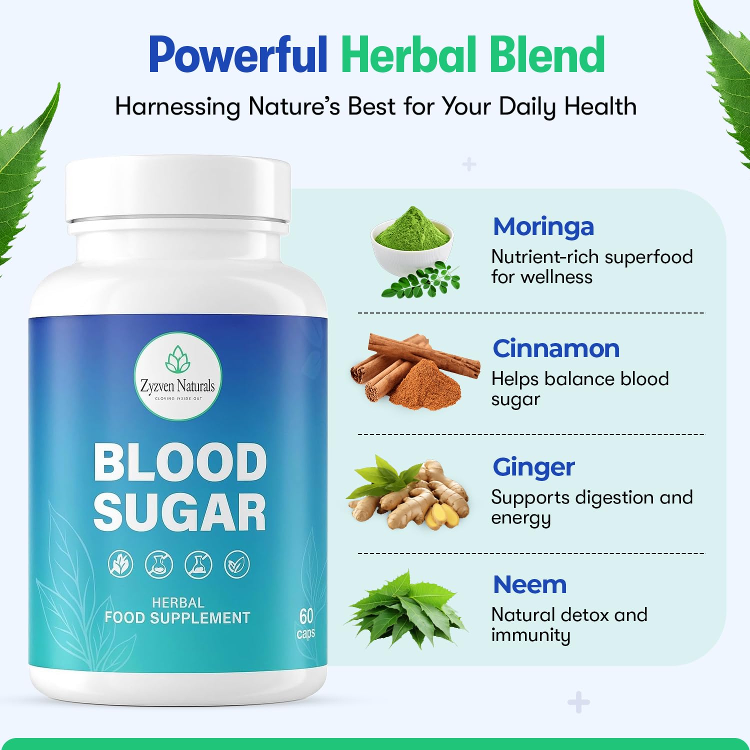 Zyzven Naturals Blood Sugar Support Supplement – 60 Vegan Capsules | Herbal Supplement with Moringa, Cinnamon, Ginger, Neem & Fenugreek | Plant-Based Wellness Supplement - Serving: 2 Capsules/Day Zyzven NaturalsAu supplements
