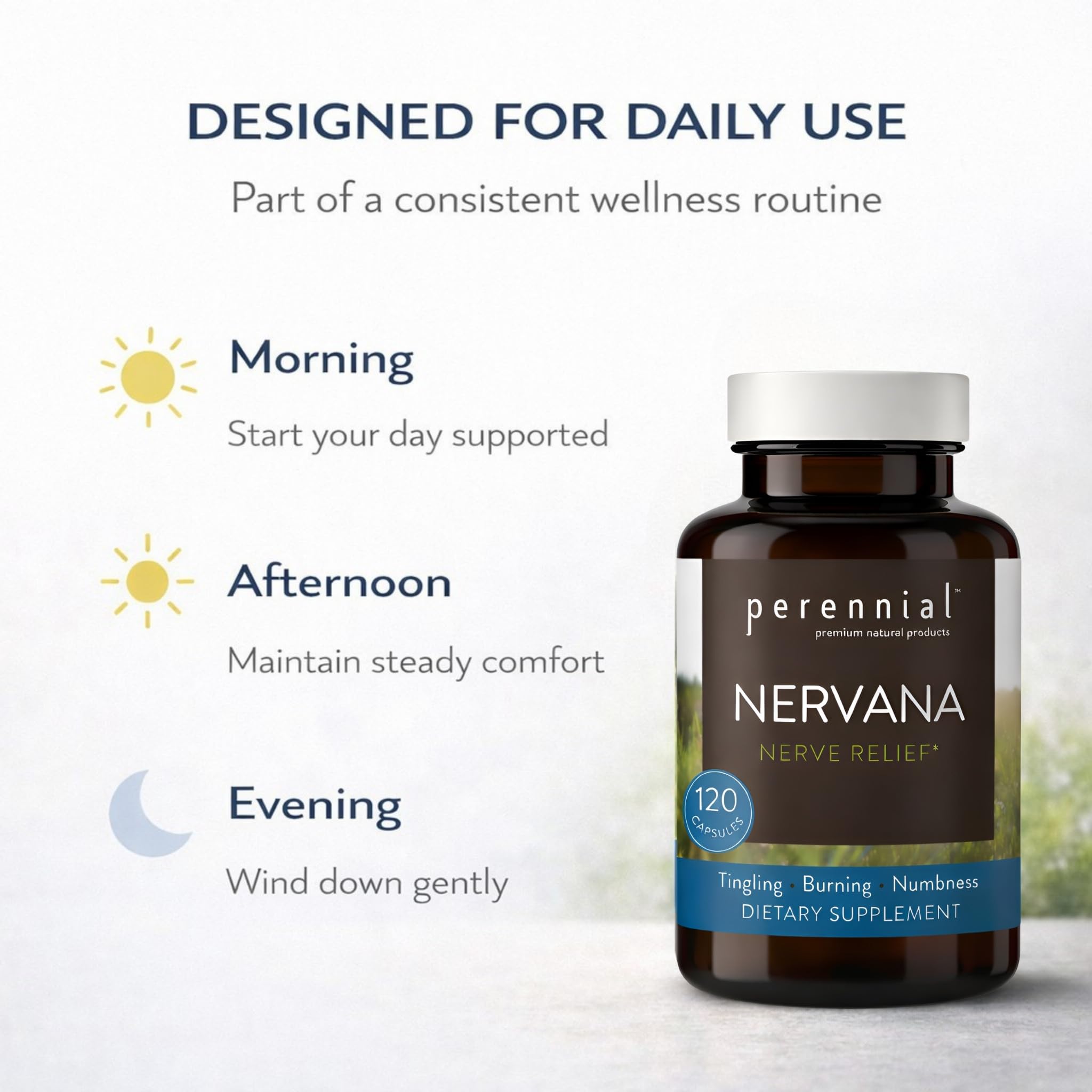 Perennial Nervana – Herbal Nerve Support for Tingling, Burning & Numbness Relief – Promotes Calm Focus & Stress Resilience – Non-Drowsy Mood Balance – 120ct* PerennialAu supplements