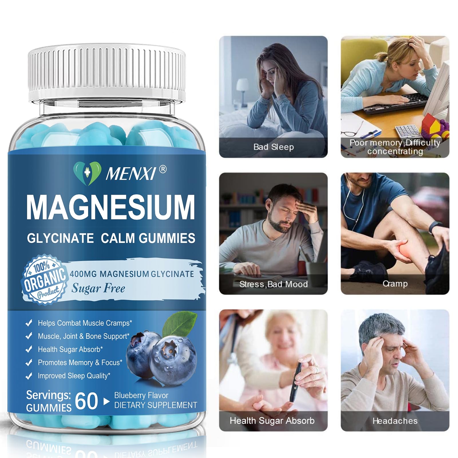 Magnesium Gummies 600mg per Serving-Magnesium Glycinate 400mg and Magnesium Malate 200mg,Sugar Free Magnesium Potassium Supplement for Calm Mood, Muscle, Bone & Sleep Support,60 Blueberry Gummies MENXIAu supplements