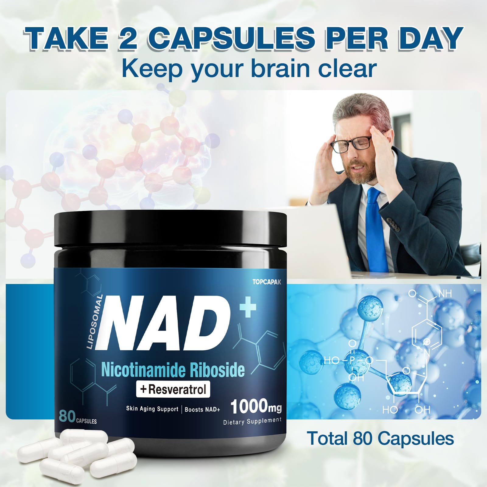 NAD+ Supplement 1000mg - Nicotinamide Riboside (NR) and Resveratrol, Liposomal NAD of Pure Organic Ingredients for Women & Men Healthy Aging, Brain and Cellular Energy, 80 Capsules TOPCAPAKAu supplements