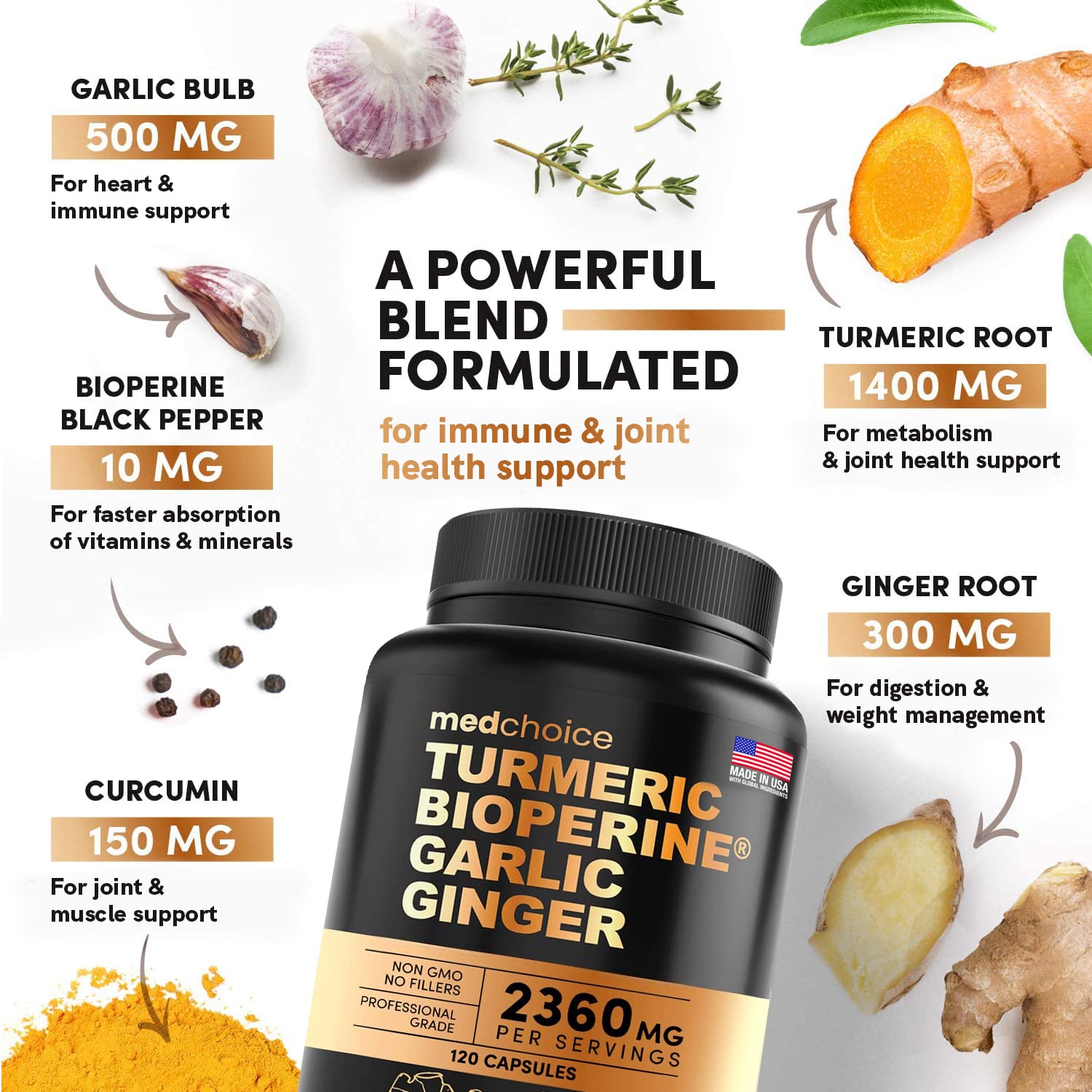 4-in-1 Turmeric and Garlic Supplements with Bioperine 2360 mg (360 ct) Turmeric Ginger MEDCHOICEAu supplements