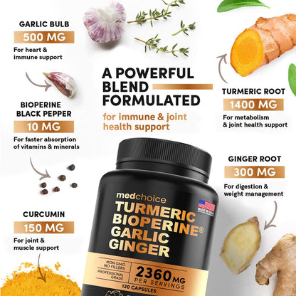 4-in-1 Supplement with Turmeric, Garlic, Ginger Root, and Black Pepper - 120 Capsules MEDCHOICEUS supplements