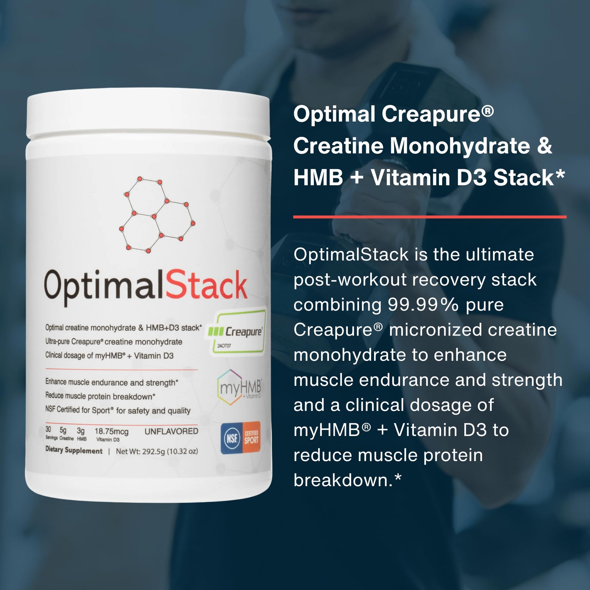 OptimalStack Creatine Monohydrate, HMB, & Vitamin D3 Stack | with Creapure Creatine, Clinical Dosage of myHMB, and Vitamin D3 | NSF for Sport Certified | Unflavored, 30 Servings OptimalAminoAu supplements