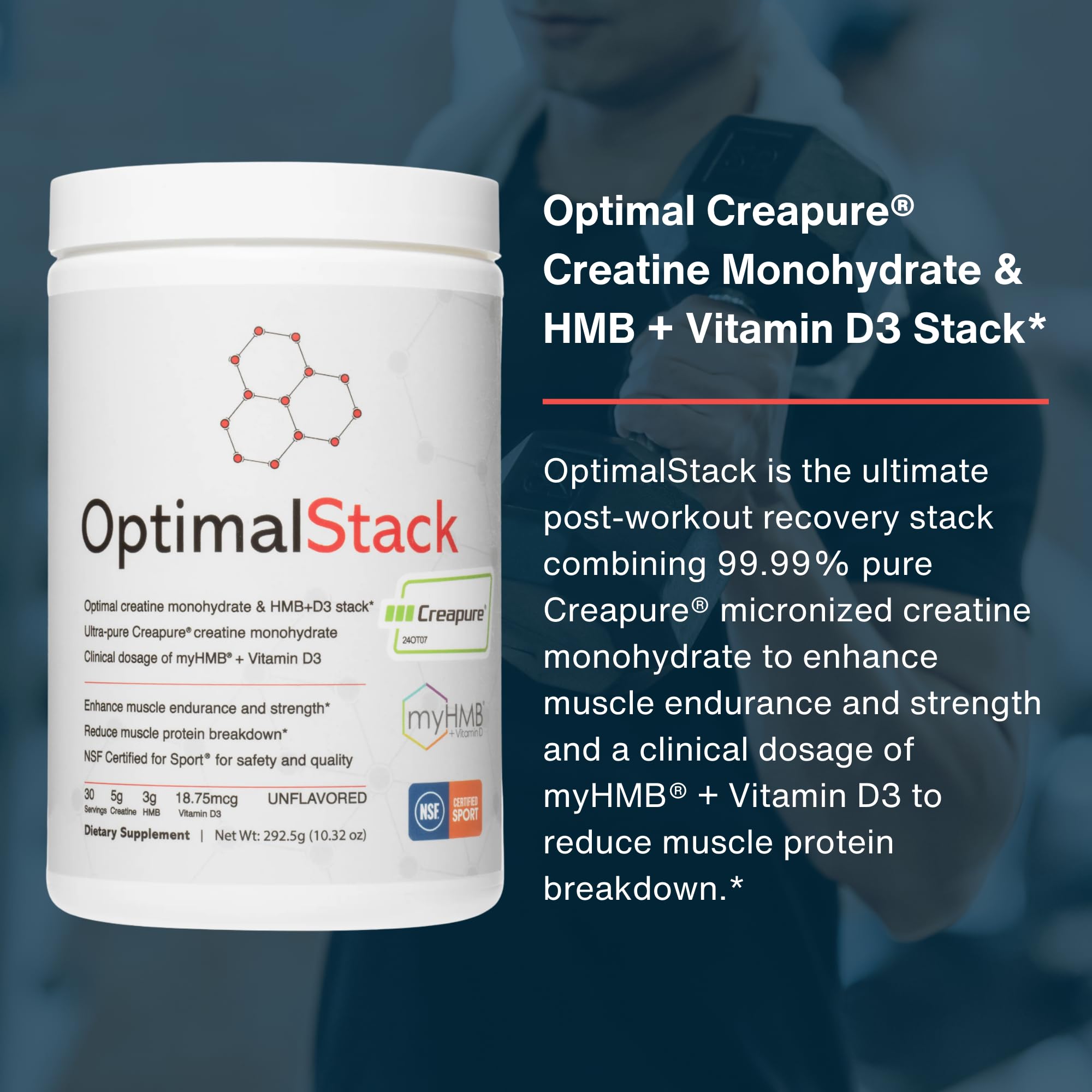 OptimalStack Creatine Monohydrate, HMB, & Vitamin D3 Stack | with Creapure Creatine, Clinical Dosage of myHMB, and Vitamin D3 | NSF for Sport Certified | Unflavored, 30 Servings OptimalAminoAu supplements