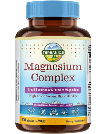Terranics 5-in-1 Magnesium Complex Supplement 500mg - 5 Forms High Absorption Magnesium Glycinate Citrate Malate Aspartate Gluconate for Sleep Heart Health - Non-GMO 120 Vegan Capsules TerranicsAu supplements