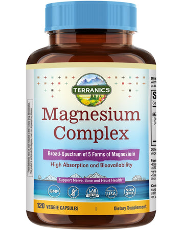 Terranics 5-in-1 Magnesium Complex Supplement 500mg - 5 Forms High Absorption Magnesium Glycinate Citrate Malate Aspartate Gluconate for Sleep Heart Health - Non-GMO 120 Vegan Capsules TerranicsAu supplements