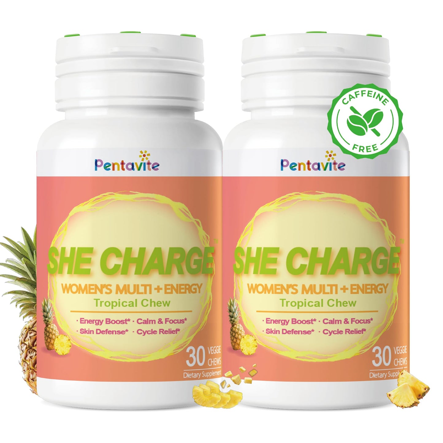Pentavite She Charge Multivitamin for Women, Pineapple Tropical Chew, Daily Vitamin Supplements with Folate, Support Energy, Calm & Focus, Skin Defense and Cycle PentaviteUS supplements