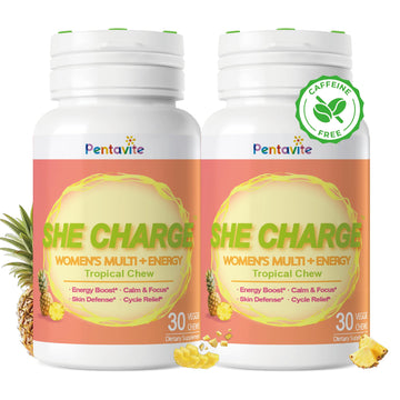 Pentavite She Charge Multivitamin for Women, Pineapple Tropical Chew, Daily Vitamin Supplements with Folate, Support Energy, Calm & Focus, Skin Defense and Cycle PentaviteUS supplements