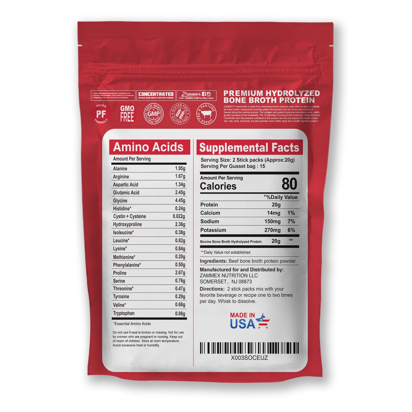 Zammex Bone Broth Packets-20g Collagen Protein-Beef Bone Broth Powder to Go-30 Travel ZammexUS supplements