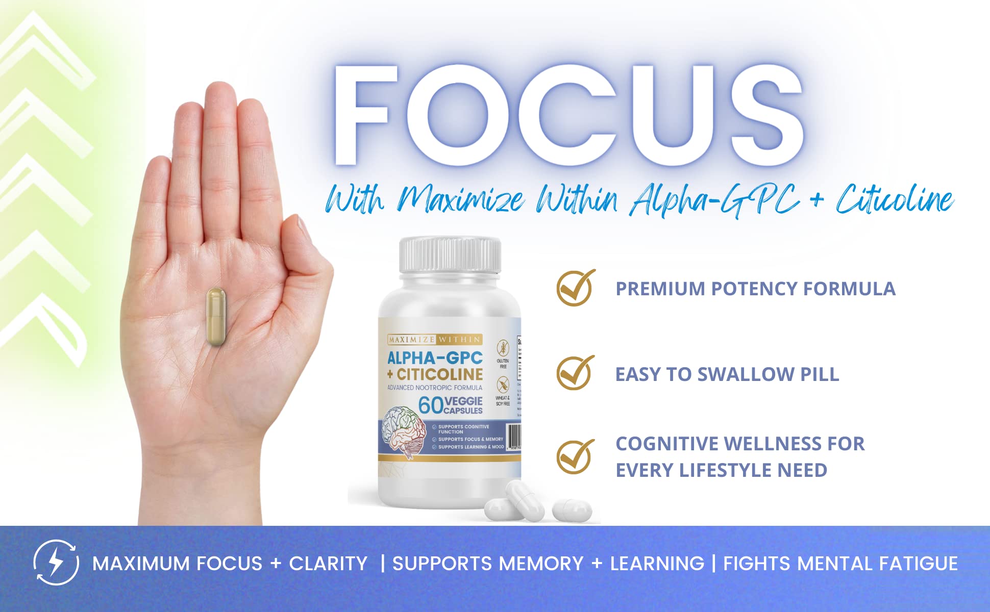 Maximize Within Alpha GPC + Citicoline 60 Ct, 1600mg Concentrated Formula- 99%+Highly Purified & Bioavailable Nootropic-Cognitive Enhancer, Supports Memory, Brain Function, Boosts Focus, Mood & Energy Maximize WithinAu supplements