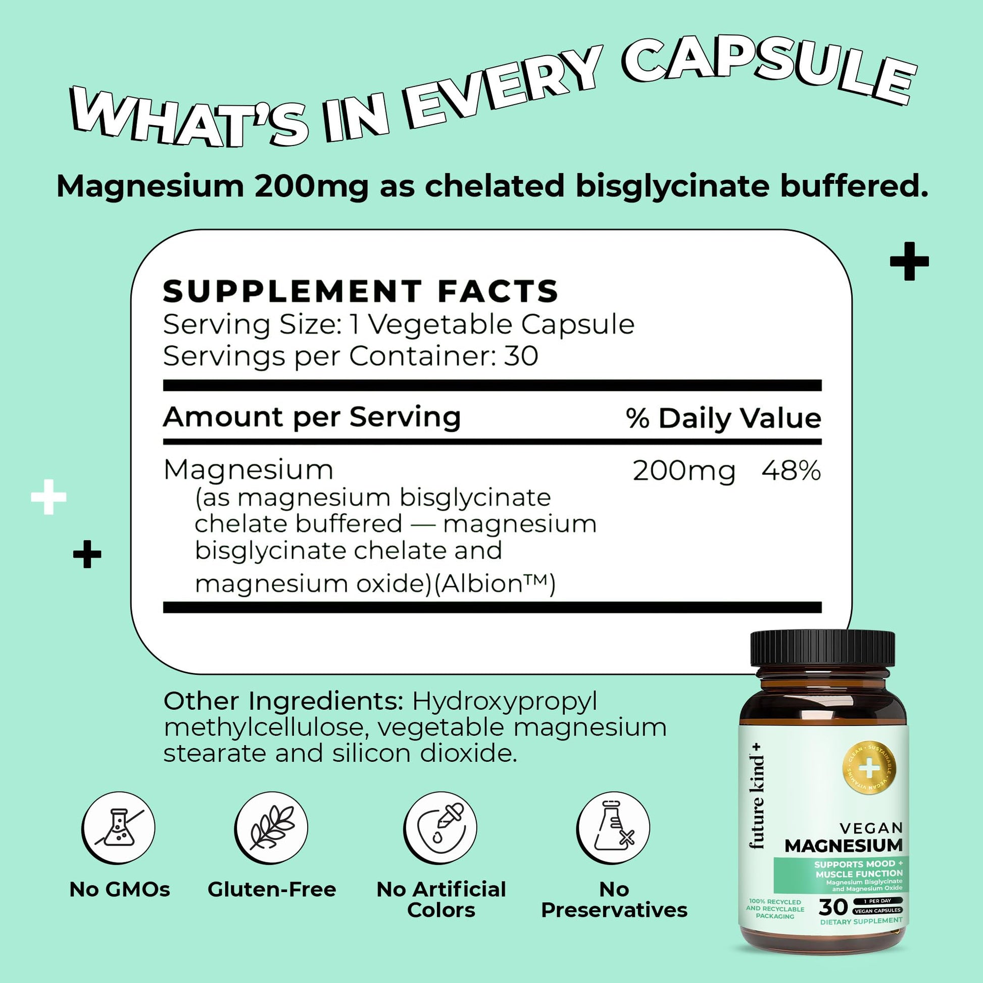 Future Kind Magnesium Glycinate, Supports Muscle and Nerve Function, High Absorption Chelated Magnesium Supplement, Nightly Calm, Energy & Metabolism, Highly Bioavailable & Potent - 30 Vegan Capsules Future KindAu supplements