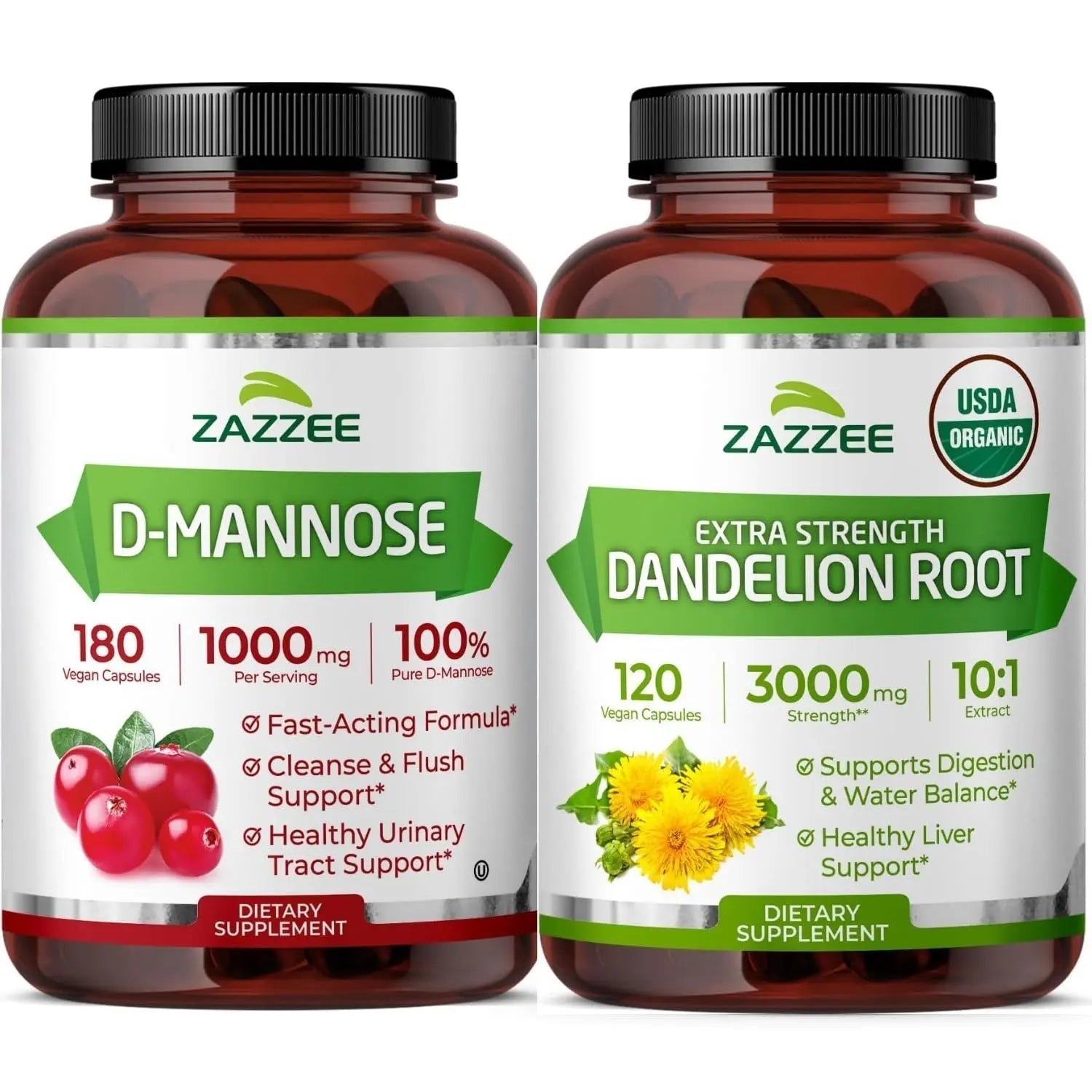 Zazzee Urinary Tract Cleanse & Detox Bundle | USDA Organic Dandelion Root Extract Capsules Plus D-Mannose 1000mg Capsules for UT & Bladder Cleansing ZazzeeAu supplements
