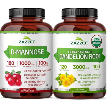 Zazzee Urinary Tract Cleanse & Detox Bundle | USDA Organic Dandelion Root Extract Capsules Plus D-Mannose 1000mg Capsules for UT & Bladder Cleansing ZazzeeAu supplements
