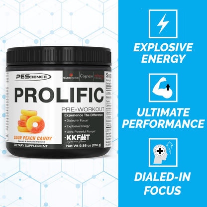 PEScience Prolific Pre Workout Powder, Sour Peach Candy, 40 Scoop, Energy Supplement PEScienceUS supplements
