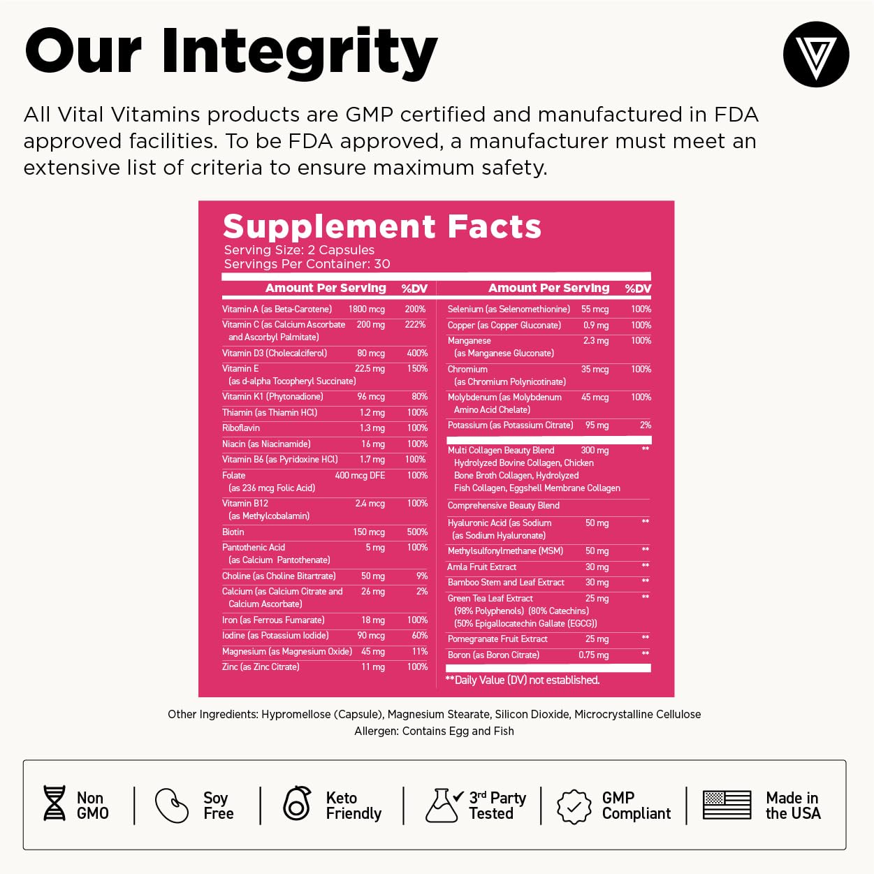 Vital Vitamins Women's Multivitamin Complex - Made with Multi-Collagen Blend, Hyaluronic Acid, & MSM - Beauty Multivitamins - with Vitamin A, C, E, B6, B12, D3-60 Capsules Vital VitaminsAu supplements