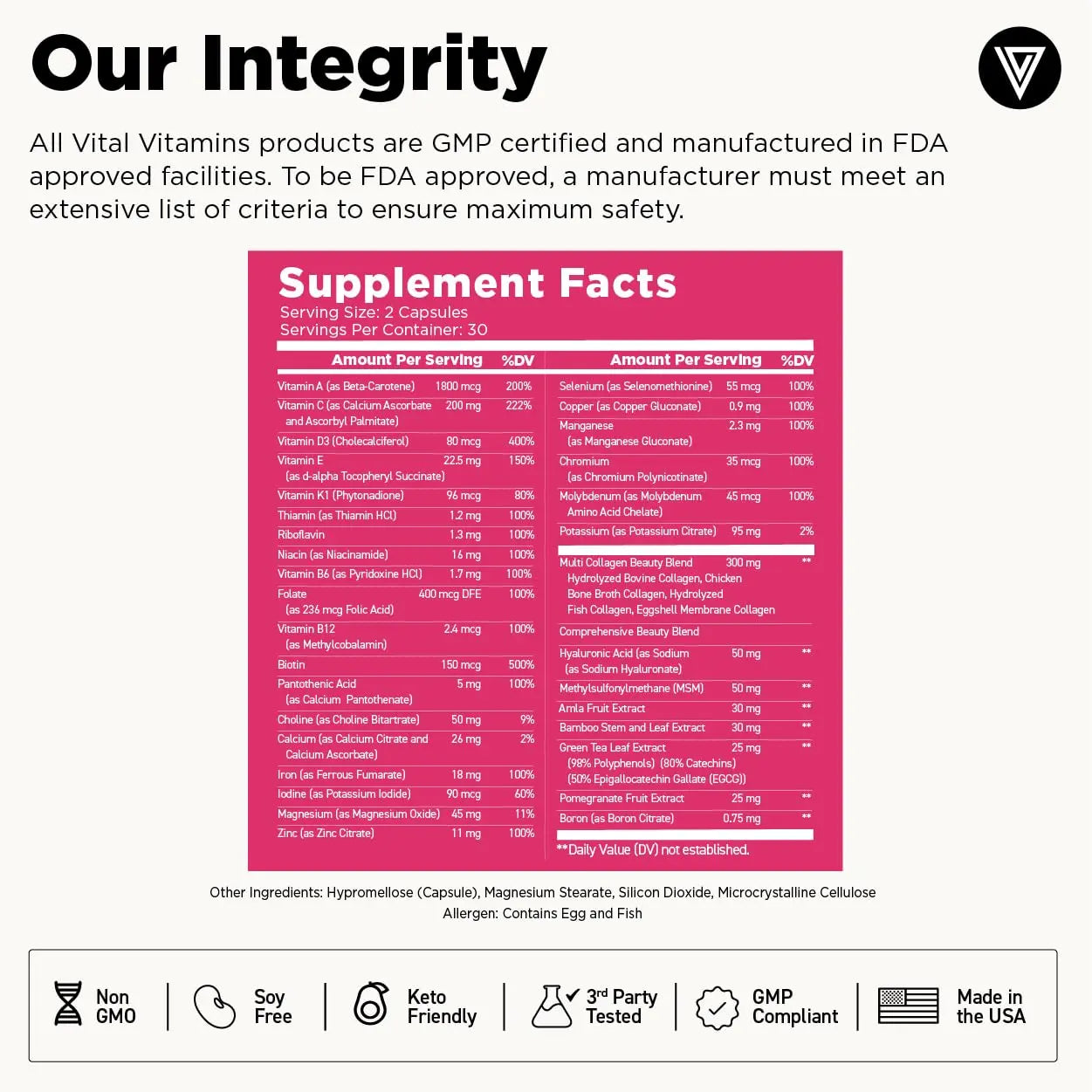 Vital Vitamins Women's Multivitamin Complex - Made with Multi-Collagen Blend, Hyaluronic Acid, & MSM - Beauty Multivitamins - with Vitamin A, C, E, B6, B12, D3-60 Capsules Vital VitaminsAu supplements