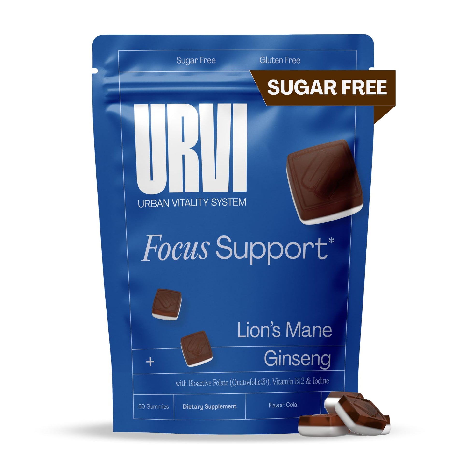 URVI 1500mg Lion's Mane Gummies with Ginseng, Folate 5-MTHF, B12 & Iodine – Focus Nootropic Brain Supplement Boosts Memory, Focus & Energy – Sugar-Free – Cola Flavor – 60 Count URVIAu supplements