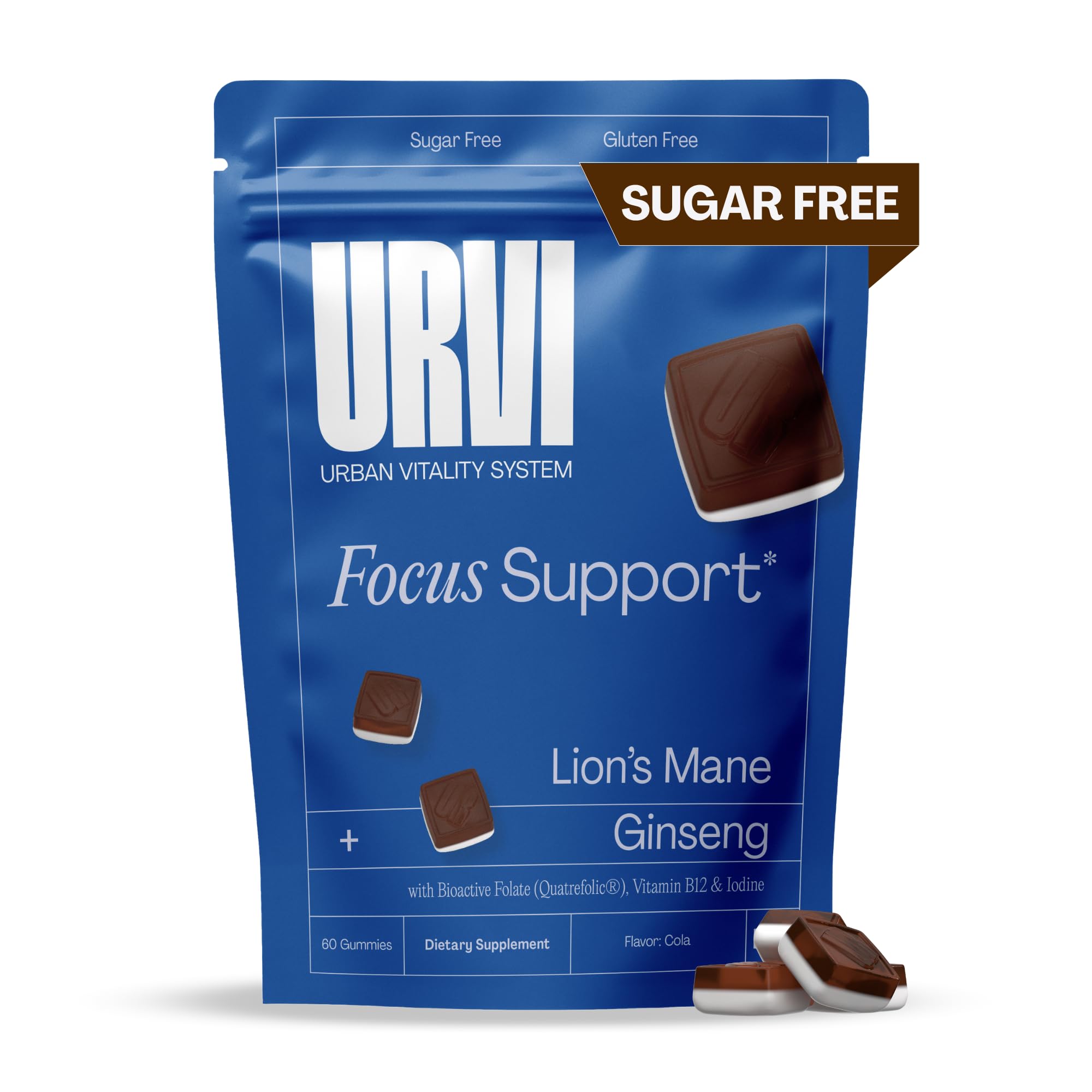 URVI 1500mg Lion's Mane Gummies with Ginseng, Folate 5-MTHF, B12 & Iodine – Focus Nootropic Brain Supplement Boosts Memory, Focus & Energy – Sugar-Free – Cola Flavor – 60 Count URVIAu supplements