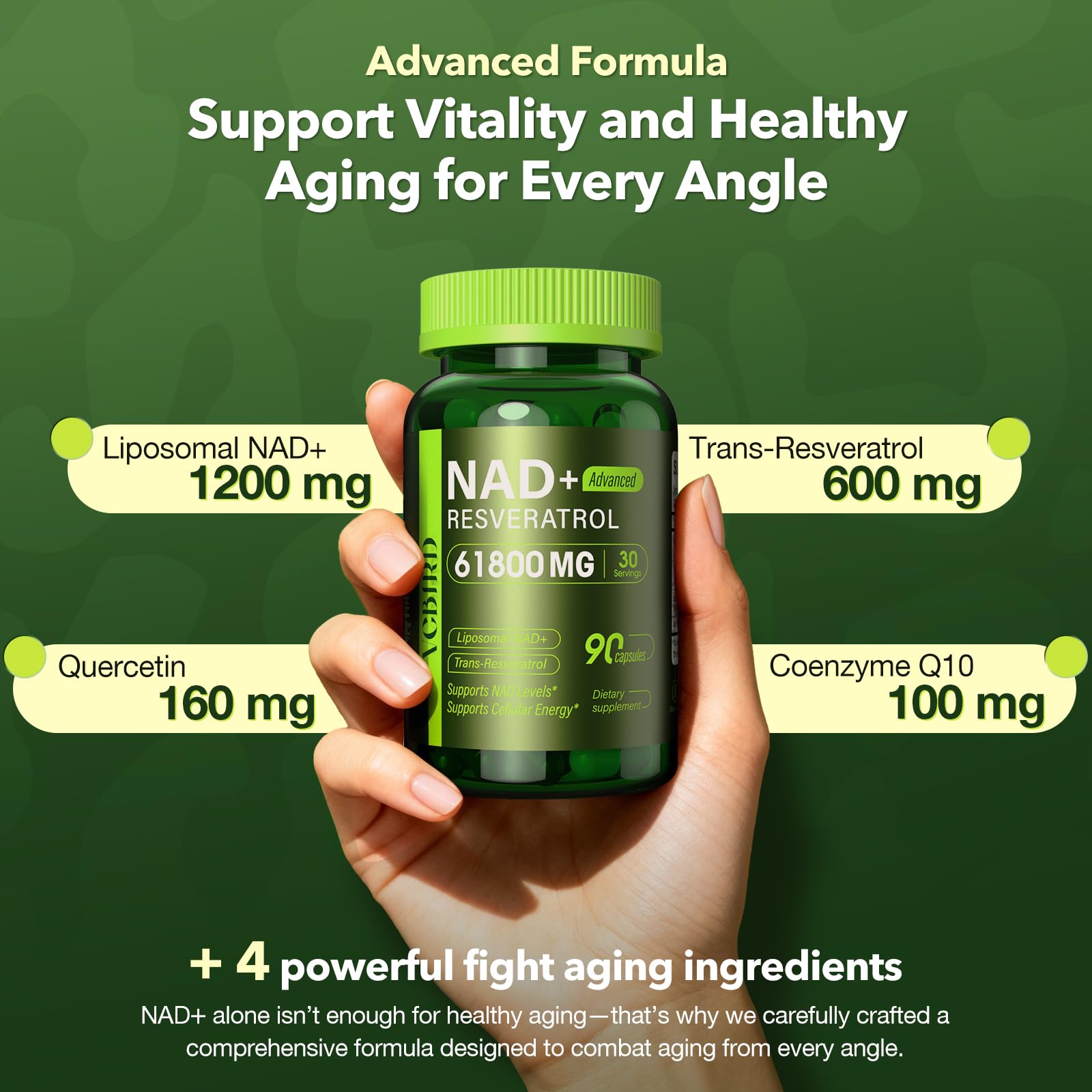 Nad Resveratrol Supplement 61800mg Per Bottle – Liposomal Nad+ Resveratrol for Women & Men – High Purity 1200mg Nad+ Supplement for Energy & Healthy Aging, Resveratrol, Quercetin, CoQ10 – 90 Counts VCBIRDAu supplements