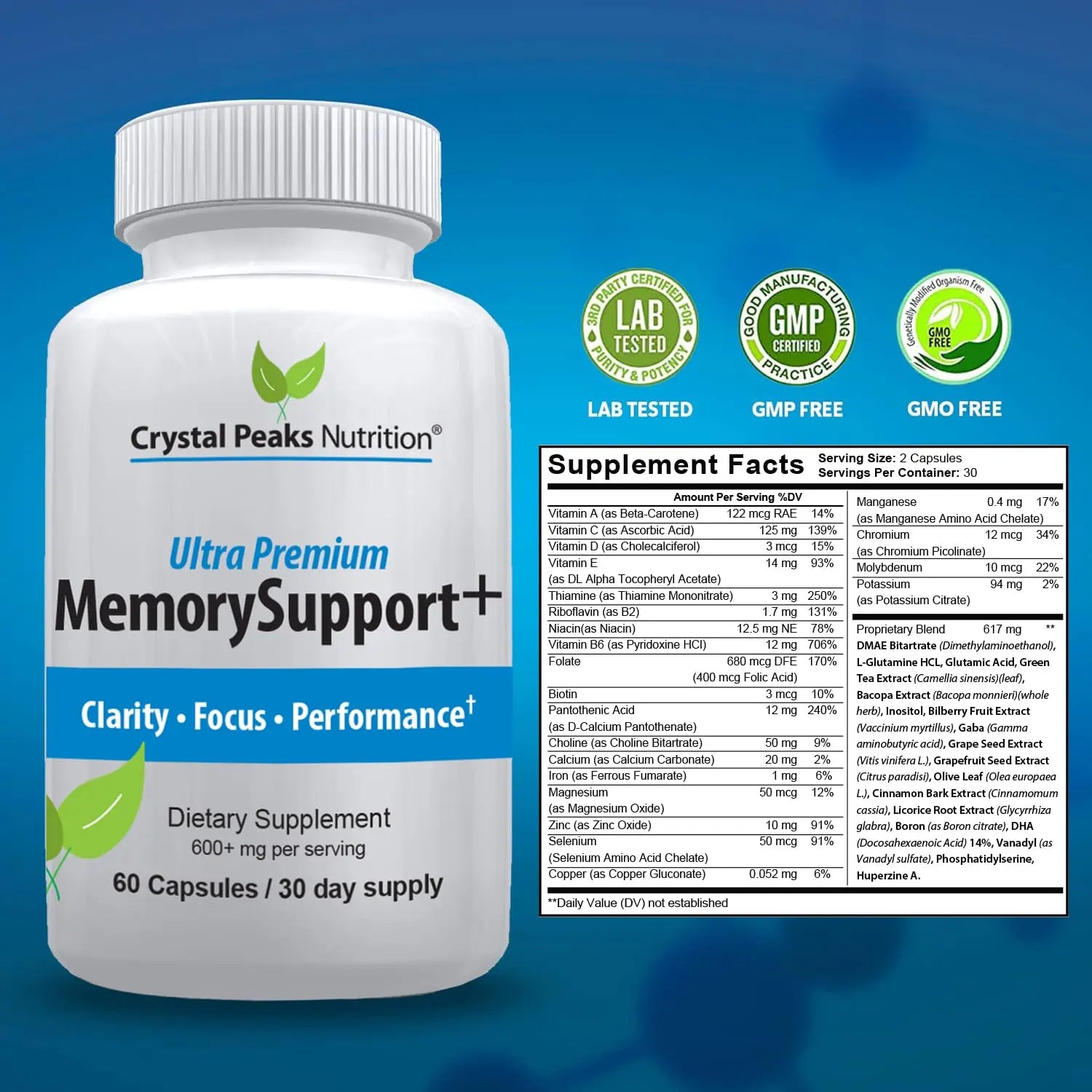 Memory Boost + Brain Support Supplement – Nootropic for Focus, Concentration, Memory. Enhanced Energy, Recall and Alertness - 60 Capsules/30-day Supply. CRYSTAL PEAKS NUTRITIONnz supplements
