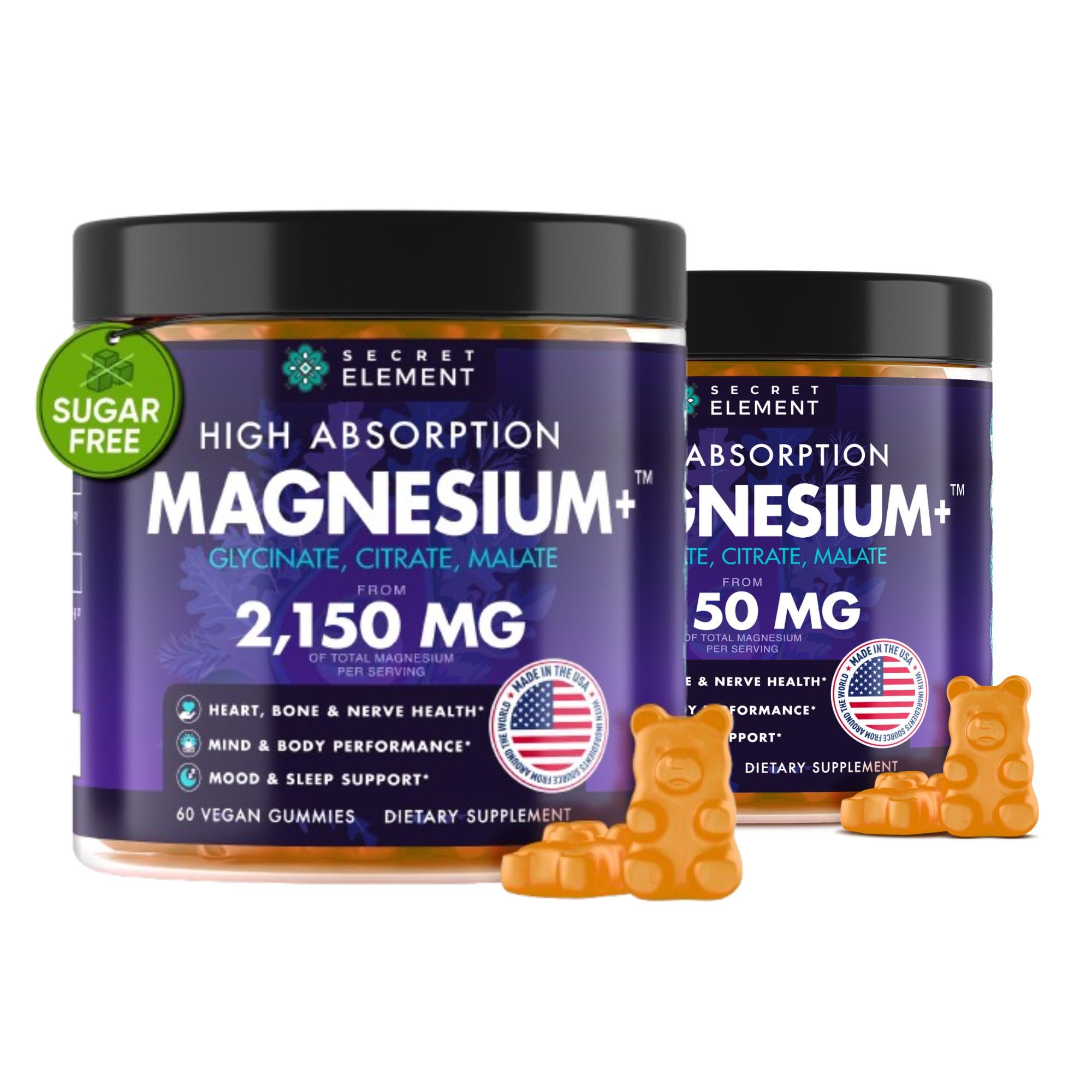 Magnesium Glycinate 2150MG Gummies for Women and Men, High Absorption Magnesium Glycinate, Citrate, Malate, Sugar Free, Vegan, 60 Chews, Pack of 2, Orange Secret ElementAu supplements