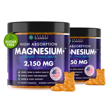 Magnesium Glycinate 2150MG Gummies for Women and Men, High Absorption Magnesium Glycinate, Citrate, Malate, Sugar Free, Vegan, 60 Chews, Pack of 2, Orange Secret ElementAu supplements