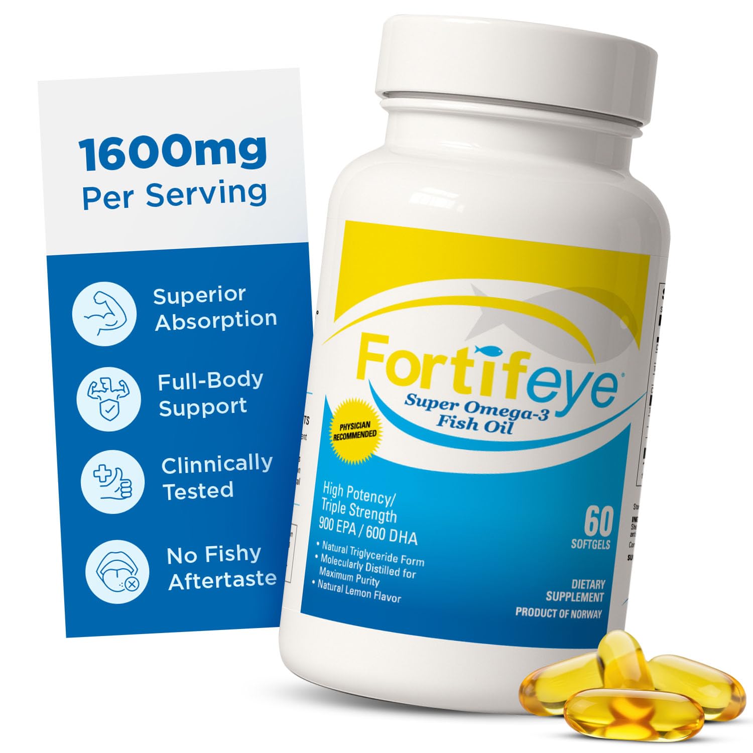Omega 3 Fish Oil 60Count 1600 mg Made in Norway - High Potency Fish Oil Omega 3 Supplements Triglyceride Form with EPA and DHA Supplements for Women and Men No Fishy After Taste Natural Lemon Flavor Fortifeye VitaminsAu supplements