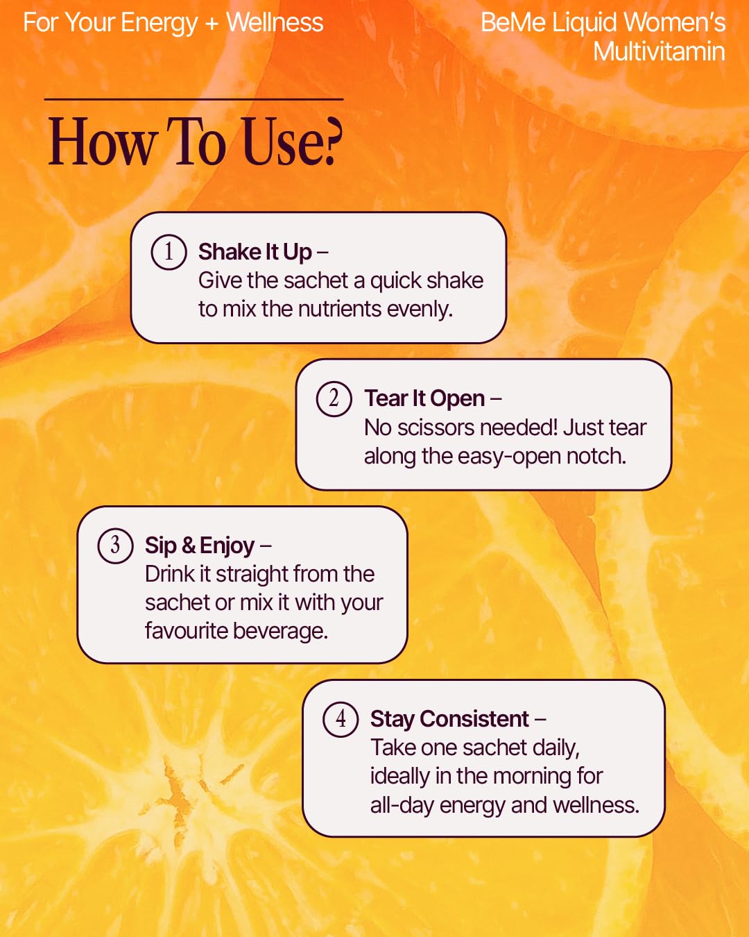 BeMe Liquid Multivitamins for Women - Advanced Liquid Delivery System with 13 Vitamins & Minerals - Tear & Go Sachets, Non-GMO, Orange Flavor (15 Sachets) BeMeAu supplements