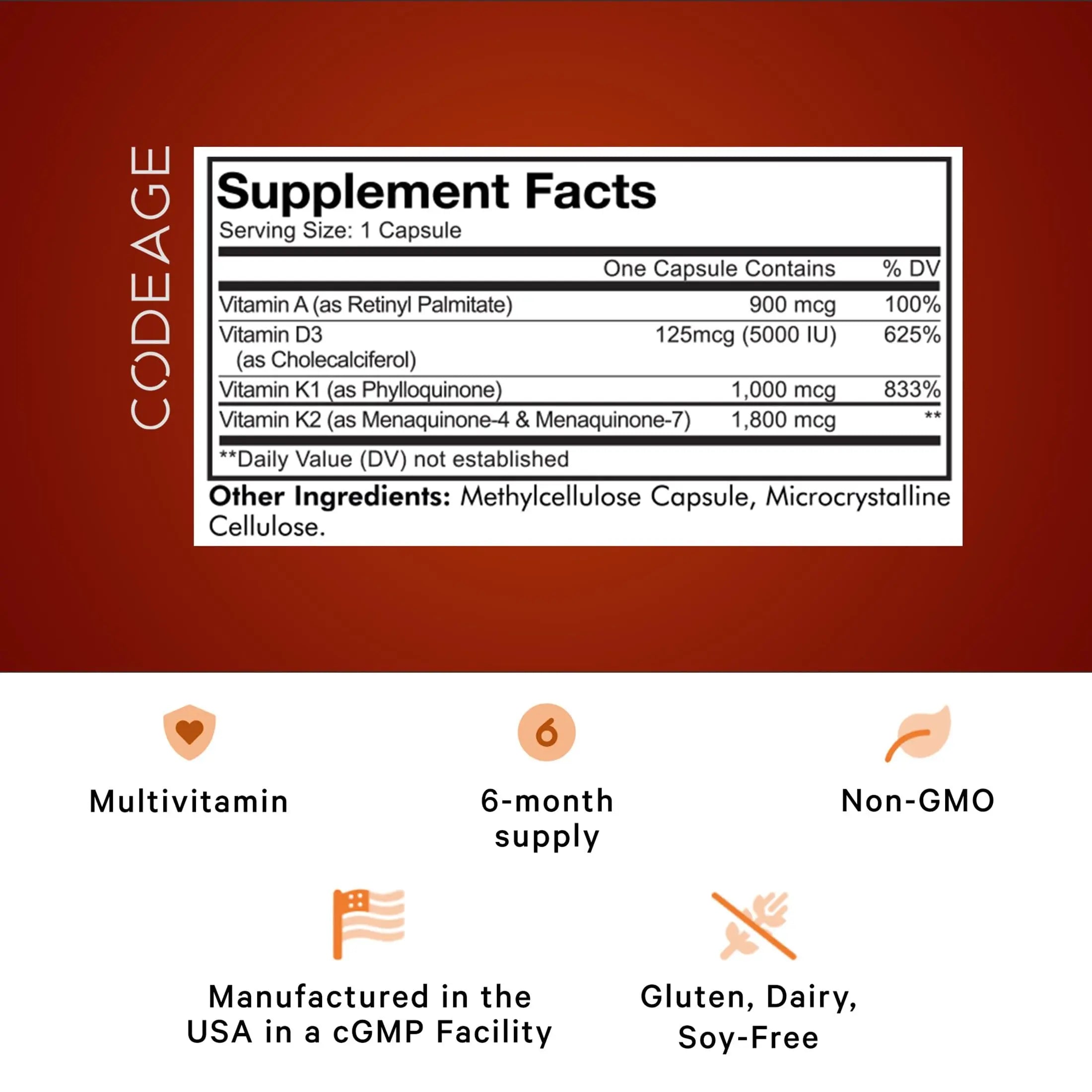 Codeage ADK Vitamins Supplement - Essential Vitamin A, D3 5000 IU, K1 & K2 (MK4 & MK7) - 6-Month Supply - 1 Capsule per Serving CodeageAu supplements