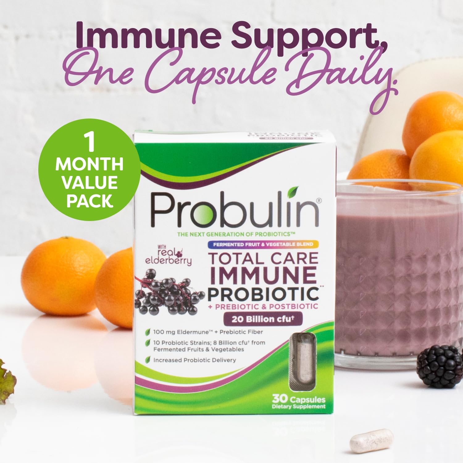 Probulin Total Care Immune = Prebiotics + Probiotics + Postbiotics + Elderberry to Support Immune & Gut Health - 20 Billion CFU - 10 Probiotic Strains, 30 Vegan Capsules ProbulinAu supplements