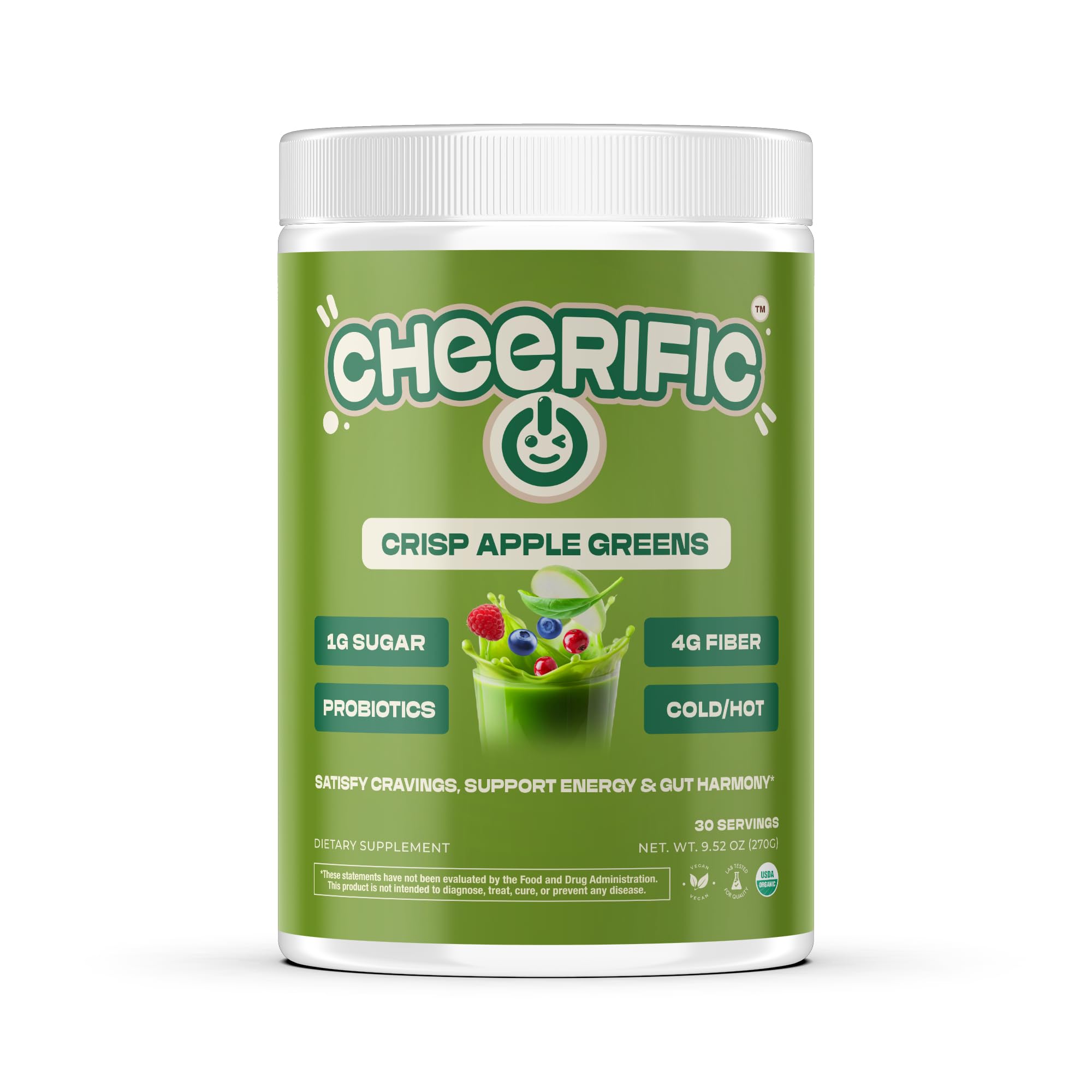 Cheerific Green Apple Bliss Superfood Powder - 20+ Organic Superfoods + Prebiotic & Probiotics + More - Keto Friendly - Supports Positive Mood, Gut Health - Vegan, Gluten Free, Non-GMO - 30 Day Supply CheerificAu supplements