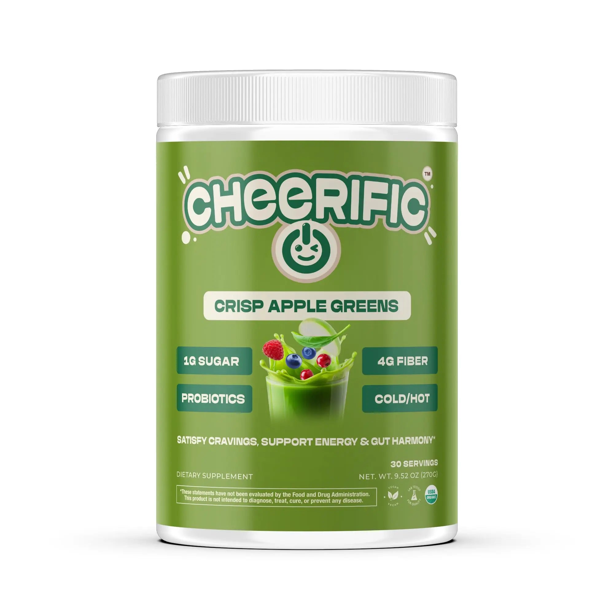 Cheerific Crisp Apple Greens Superfood Powder - 20+ Organic Superfoods + Prebiotic & Probiotics + More - Keto Friendly - Supports Positive Mood, Gut Health - Vegan, Gluten Free, Non-GMO - 30 Day CheerificAu supplements