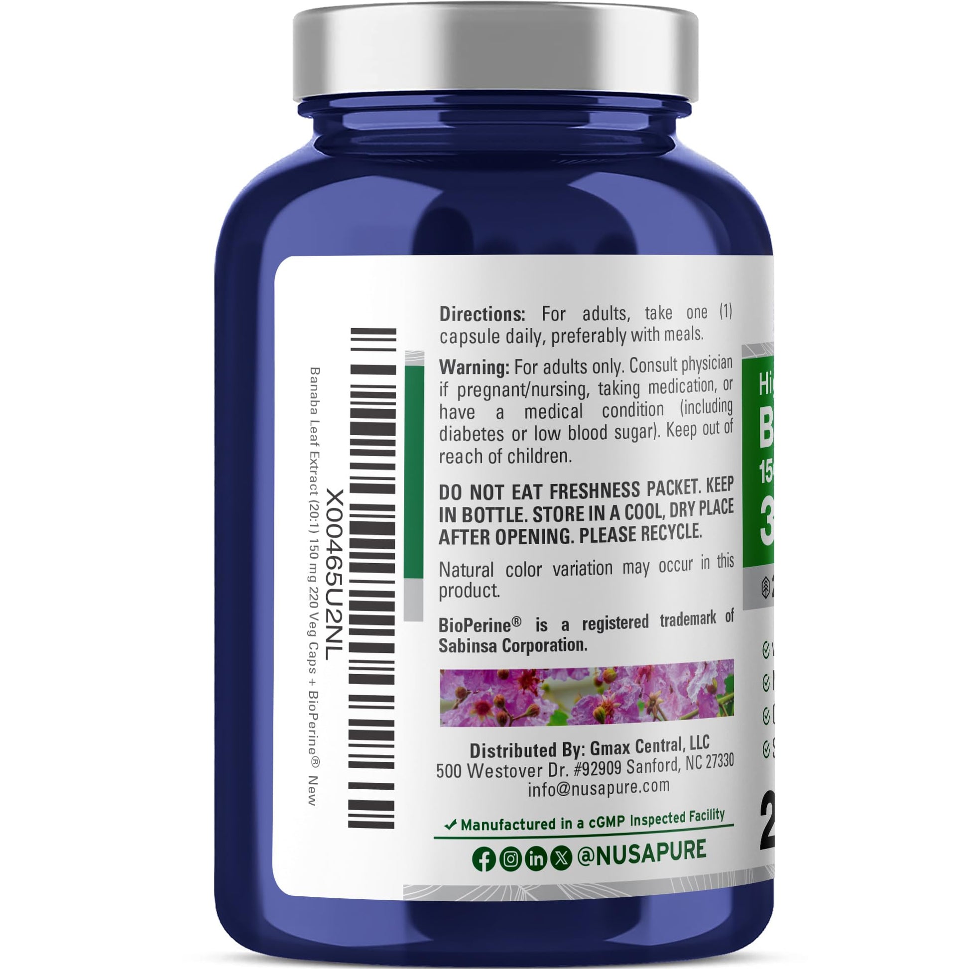 NusaPure Banaba Leaf 20:1 Extract, 150 mg Equivalent to 3,000mg Veg Caps, 220 Days Supply (Non-GMO & Vegan) 2% Corosolic Acid NusaPureAu supplements