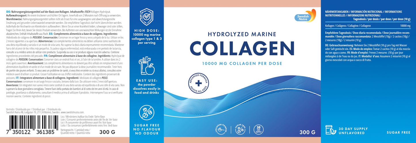 100% Marine Collagen Powder 300g I Pure Hydrolyzed Collagen Powder (Type I & III) Swedish NutraUS supplements