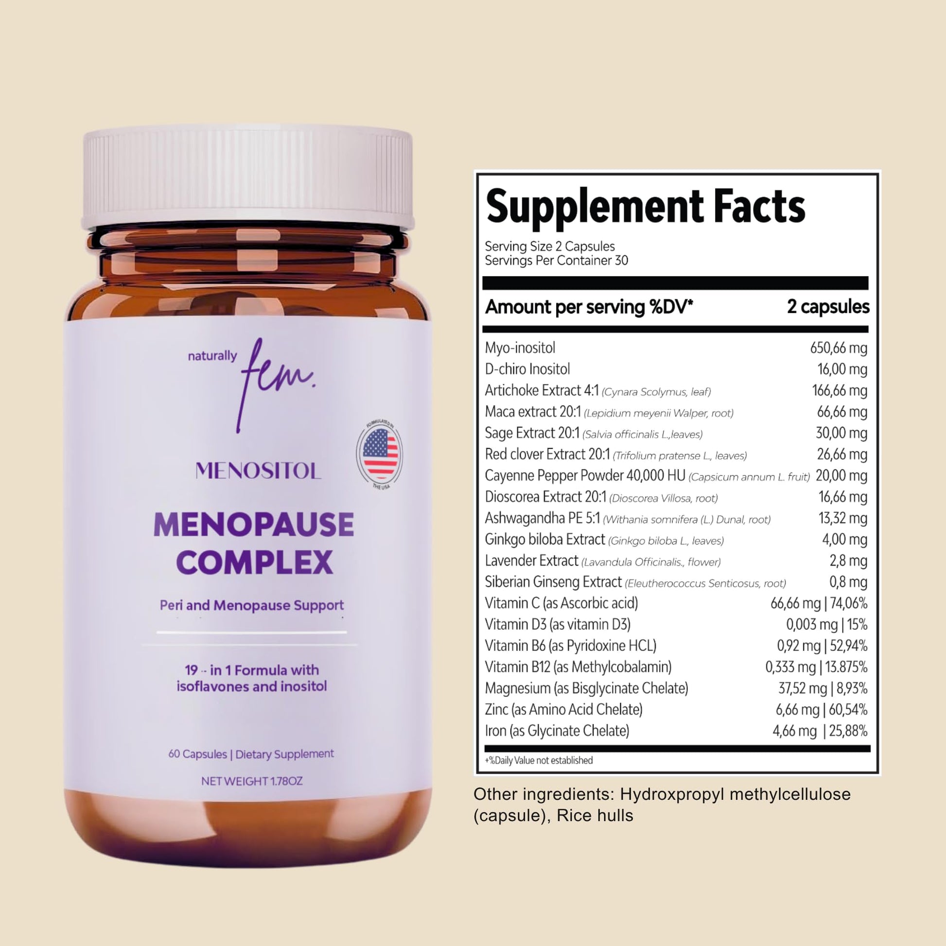 Inositol FEM Menositol 19-in-1 60Caps, Perimenopause & Menopause Supplements for Women Weight Loss with Myo-Inositol, D-chiro and Isoflavones, Control Metabolic Health, 100% Natural, Hormone, SoyFree QSTAAu supplements